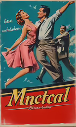 an old poster with two people dancing on it
