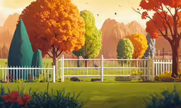 colorful illustration of trees, hills and birds in a cartoon scene,a park with trees and a white fence