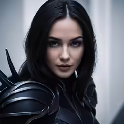a woman wearing an armor and leather gloves