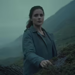 a woman in a dark jacket looks down at the camera while standing on a rock formation