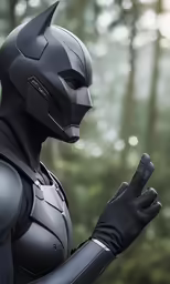 a man in black is holding a hand up