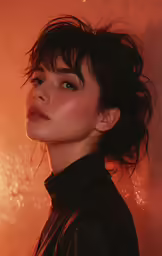 a woman in black clothes and hair with messy hairs