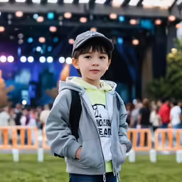a young boy stands outside on the grass