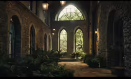 there is a building with stone walls and windows