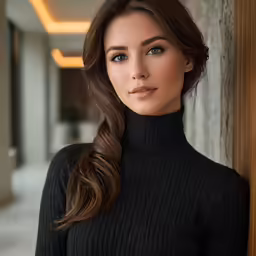 a woman in black turtleneck posing for a picture