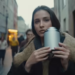 a woman drinking coffee out of a cup