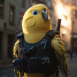 the small yellow bird is holding a cigarette