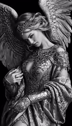 black and white photograph of a woman with an angel