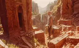 a man standing by rocks in a canyon