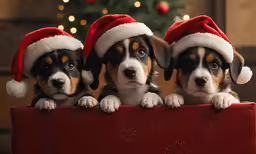 three dogs wearing santa hats sitting in front of a christmas tree