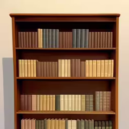a wooden shelf with lots of books on it,a book shelf full of old books lined up,an image of some bookshelves with many colors,a bookshelf filled with lots of books in front of a wall,an old bookcase with many books on it