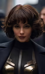 a close - up photo of an individual in a jacket wearing a costume