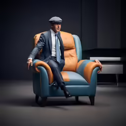 a man in a suit sits in an orange and blue leather chair