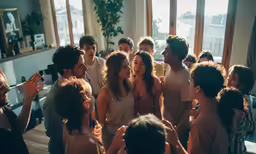 a group of people standing in a room together