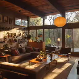 the large open living room features a modern sofa and two chairs