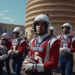 a group of men in football uniforms marching