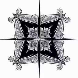 a square motif is made up of a black and white abstract shape,an ink drawing of an abstract flower
