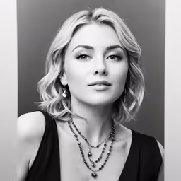 a beautiful woman with blond hair in black and white