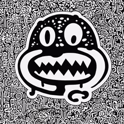 an image of an angry looking monster with teeth,a drawing with black and white lettering on it