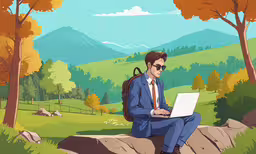 a man sitting on a rock with his laptop,the young man is sitting on the rock using his laptop