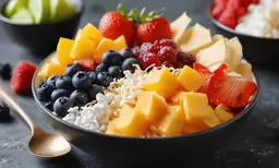 fruits and cheese are sitting in bowls with strawberries, blueberries, apple, raspberries, grapes, and pineapples