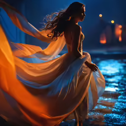 a woman in a flowing dress standing on the water