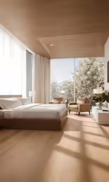 a bedroom with white walls and wooden flooring