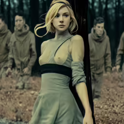 a woman in a gray dress standing in front of a group of men