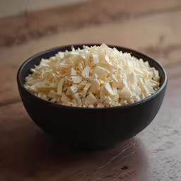 shredded cheese in a bowl on top of a wooden surface