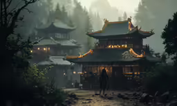 a person walking toward a building in the distance