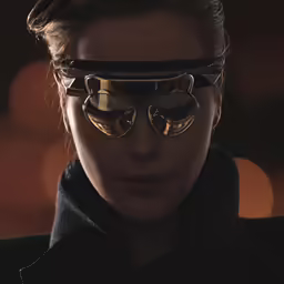 a model wearing sunglasses with a dark background