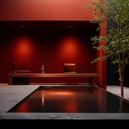 there are two chairs with one tree and a bench