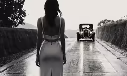 a woman in a backless dress on the road
