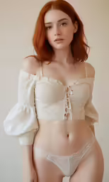 a woman in a white lacy bra and panties