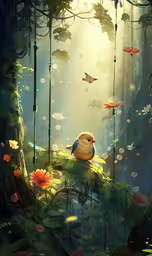 an illustration of a bird resting on a tree limb,the bird is sitting on the branch in the forest