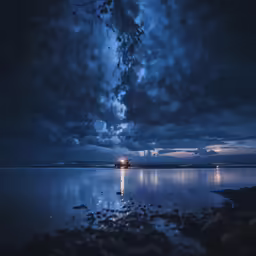 a star filled sky is shown above a calm lake