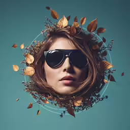 a young woman in sun glasses is surrounded by leaves
