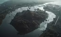 an aerial shot of a lake and surrounding land