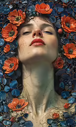 the young girl is laying in the middle of the blue and orange flowered petals