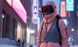 a man in pink snowsuit and goggles with building in background
