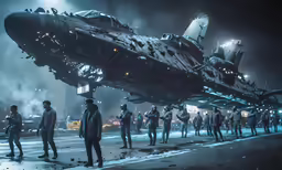 people gather around a wrecked airplane that is on display