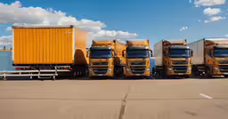 several yellow and brown semi trucks parked on top of the cement,several yellow trucks are lined up and parked