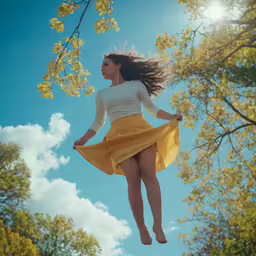 woman in a yellow skirt is flying through the sky
