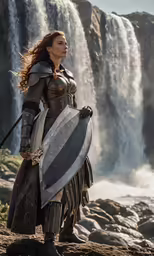 a woman in costume standing in front of a waterfall