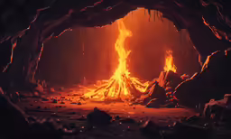 there is flames in the cave with dark background