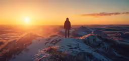 a man stands atop a mountain as the sun sets