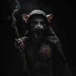 a creepy monkey holding a stick in the dark