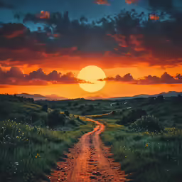 a dirt road going into a large orange sunset