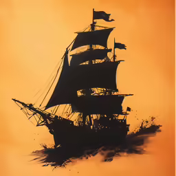 an old pirate ship in the sunset with sails down