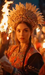a woman dressed in a costume and with elaborate hairpiece holding torches